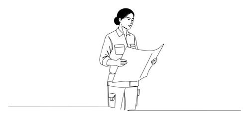 woman holding construction blueprint in line art style, black and white vector