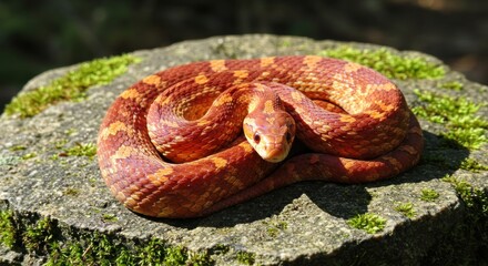 Fototapeta premium Orange snake resting on a mossy rock, vibrant colors and textures highlighted in natural outdoor setting.