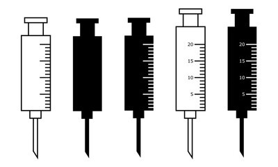 Syringe with beveled needle set simple vector illustrations, transparent, with measurement markings, scale with numbers, black syringe silhouette