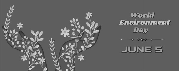 Obraz premium World Environment Day | World Environment Day banner vector illustration with natural earth, nature elements, trees, leaves, and sustainable environment concept design with gray color