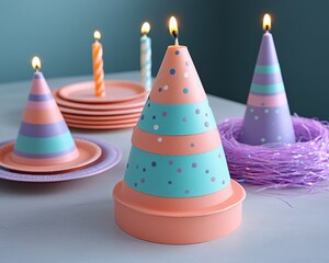 Festive birthday candles in cone shapes atop colorful plates
