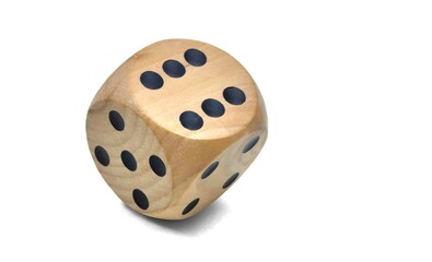 Top view of a natural wood dice, isolated on white background with space for text.