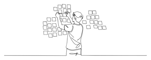 man sticking notes on wall during brainstorming, continuous line vector illustration