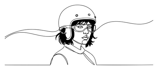 Obraz premium Retro female motorcyclist in helmet and goggles, continuous line art
