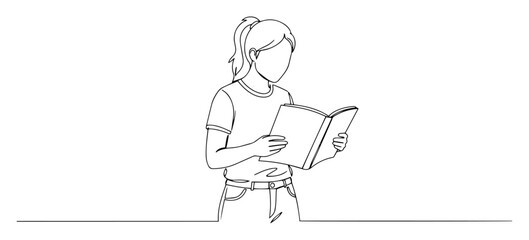 Young woman reading book with coffee cup, continuous line art