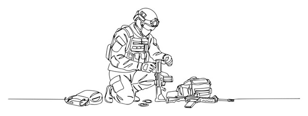 Fototapeta premium Bomb disposal specialist disarming explosive with robot, one‑line drawing