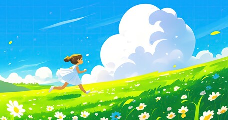 Cute little girl running freely on the green grass with a big white cloud in the sky, in a dreamy flat illustration style using soft sky blue and green tones, perfect for children’s content.