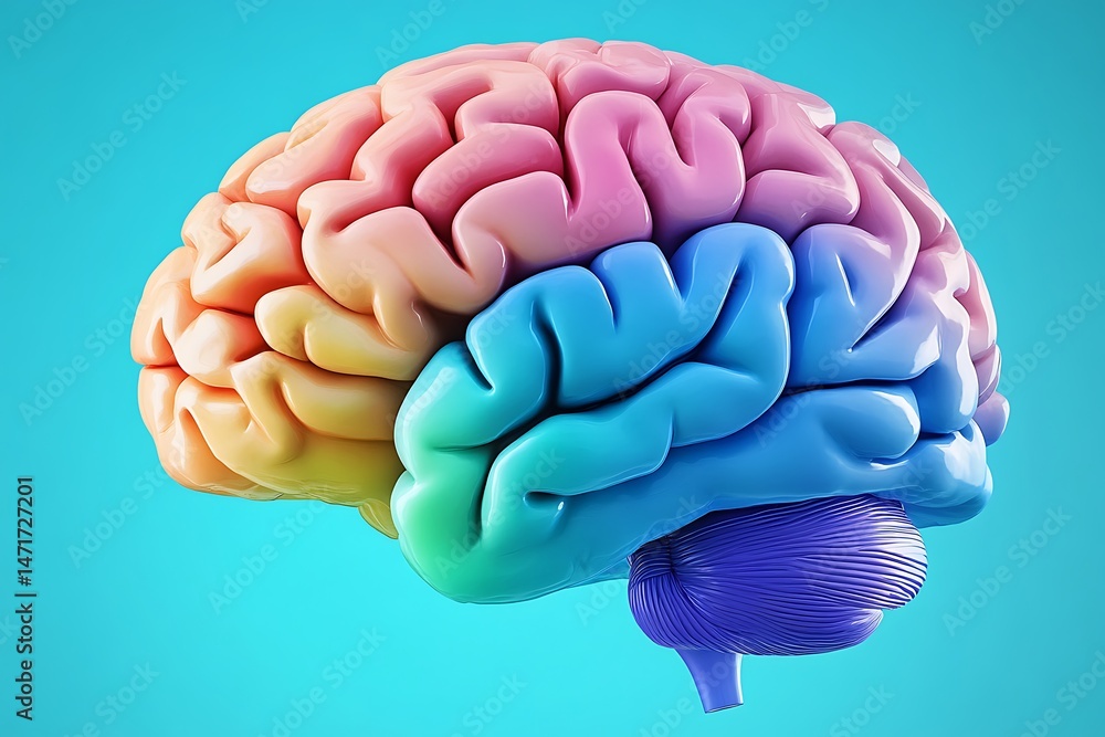 Poster detailed 3d rendering of the human brain, highlighting its different lobes, cortex, and subcortical 