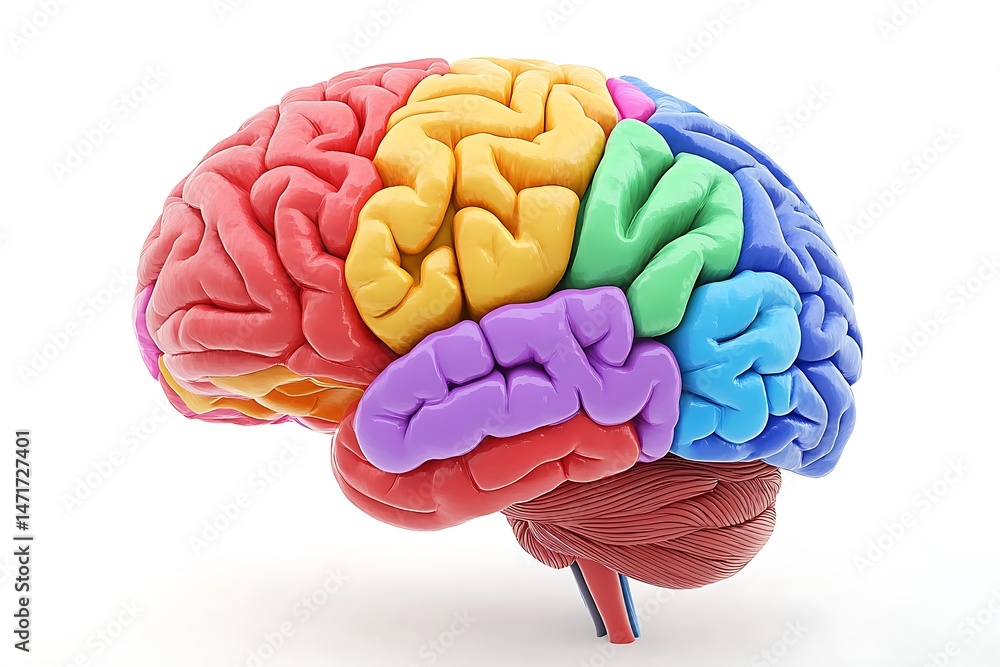 Poster detailed 3d rendering of the human brain, highlighting its different lobes, cortex, and subcortical 