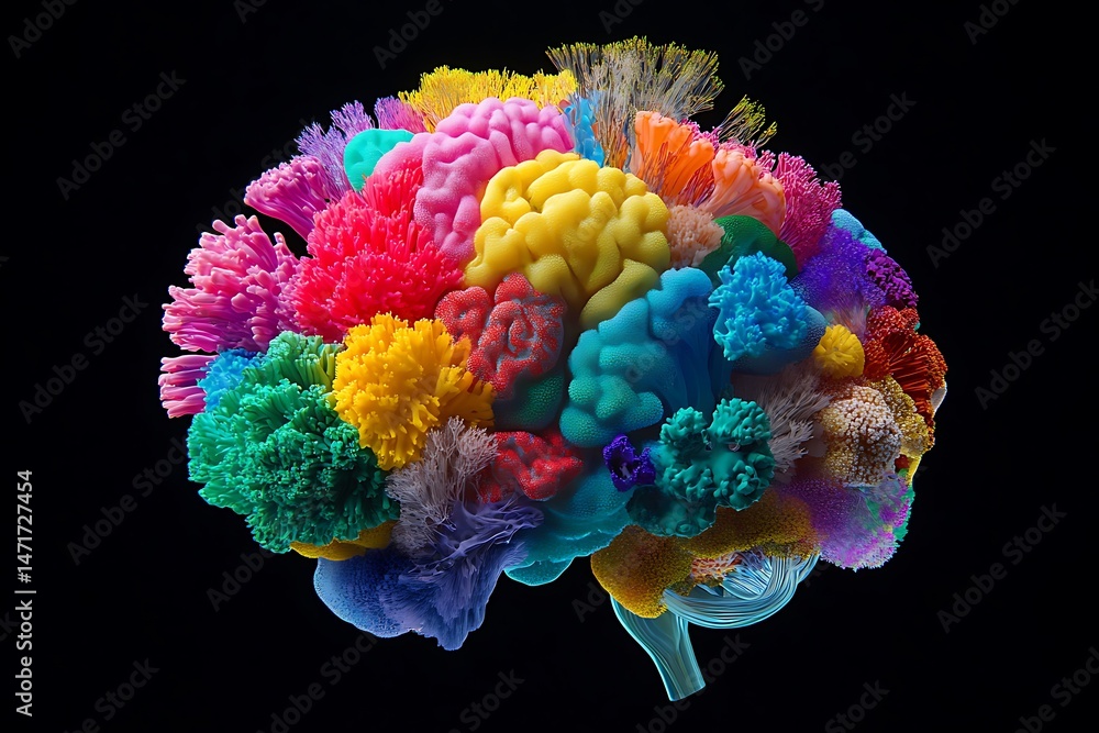 Poster detailed 3d rendering of the human brain, highlighting its different lobes, cortex, and subcortical 