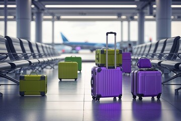 Parcels on an Airport Runway: A Travel Exploration with Green Baggage and Flight ElementsTravel at an Airport Lounge: A 3D Representation of Terminal Life with a Purple Theme