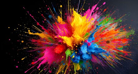 Vibrant explosion of colorful paint against a stark black background creating a dynamic abstract design (1)