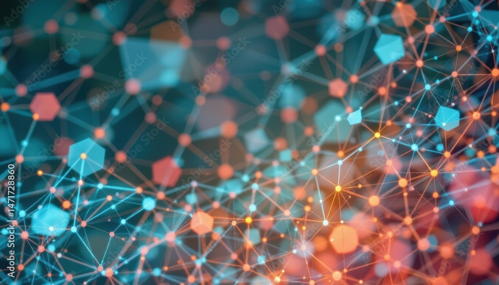 Poster colorful abstract network connections and geometric patterns representing digital technology