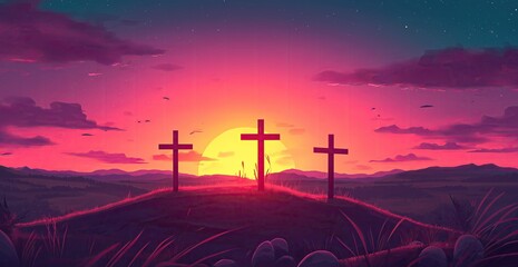 Easter scene with three crosses on a hill at sunset, bathed in warm golden light, symbolizing the victory of life over death through the resurrection of Christ.