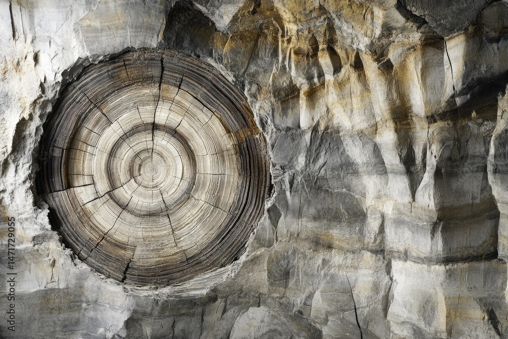 Poster petrified tree cross-section embedded in a stone wall, showcasing intricate rings and geological tex