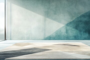 Modern minimalist room interior design with geometric patterned rug against a teal wall.