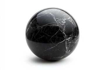 A glossy, dark marble sphere with striking white veins sits against a stark white backdrop, showing off polished texture.