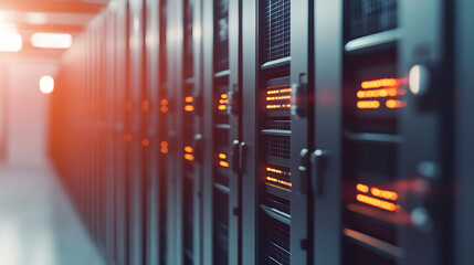 Modern Data Center Server Racks with Glowing LED Lights in a Secure Facility