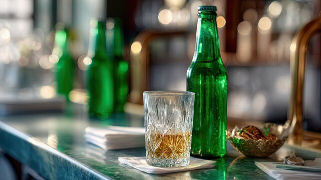 Green beer bottles on a counter, with an elegant bar glass filled with beer and a few cocktail napkins nearby
