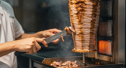 Chef slicing meat from shawarma vertical rotisserie