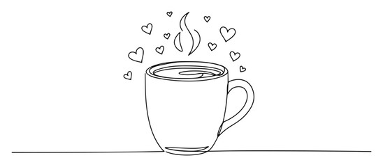 coffee cup with steam and hearts in one line vector style, romantic hot drink black and white illustration