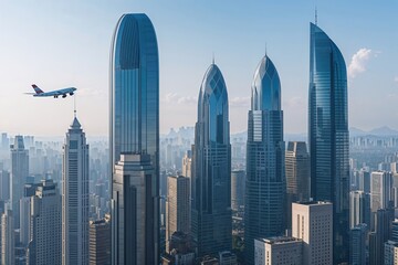 Skyscrapers and Airplanes in the City Skyline
