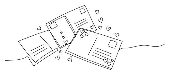 romantic postcards with scattered hearts, hand-drawn valentine-themed vector in line art style
