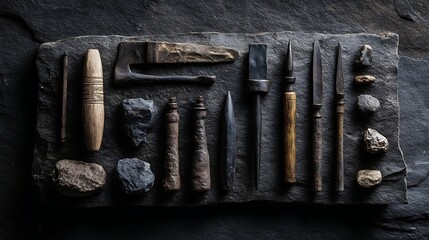 Ancient tools arranged on dark stone highlight early human craftsmanship and innovation .