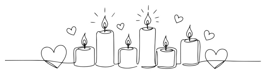 black and white vector of burning candles surrounded by hearts in a romantic line style
