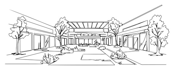 modern courtyard with trees drawn in minimal black and white line vector illustration