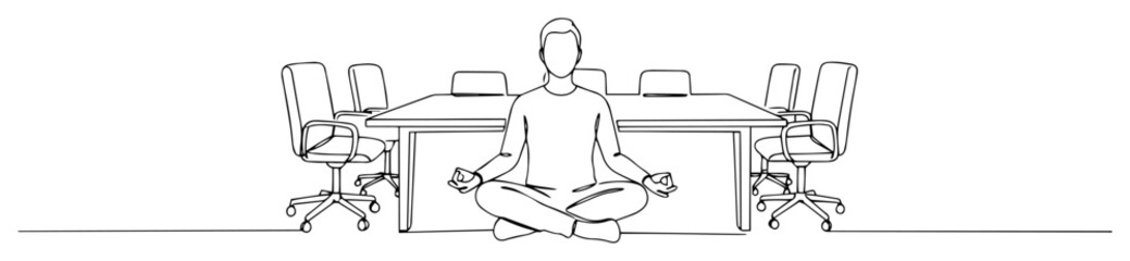 person meditating at conference table in minimal line style, black and white business vector