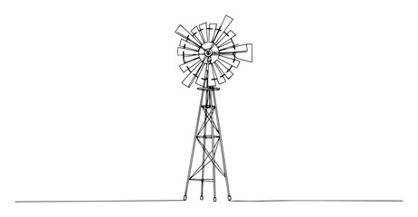 windmill drawn in continuous black line, minimal rural farm landscape vector illustration