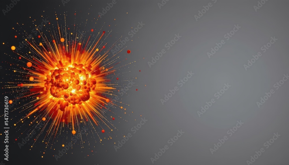 Poster abstract explosion of bright orange and red colors with dynamic sparks on dark background