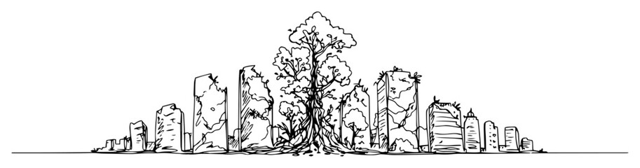 graveyard and tree in one line drawing, symbolic black and white cemetery vector illustration