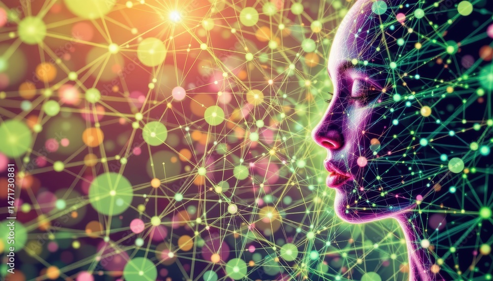 Poster abstract representation of human profile connecting with digital neural network in vibrant colors