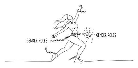 strong black and white vector of a woman breaking chains labeled gender roles, symbol of liberation