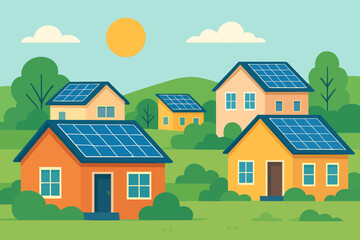 Naklejka premium Flat-style vector illustration of solar panels installed on suburban rooftops in a green neighborhood, symbolizing clean energy, sustainability, and eco-friendly housing.