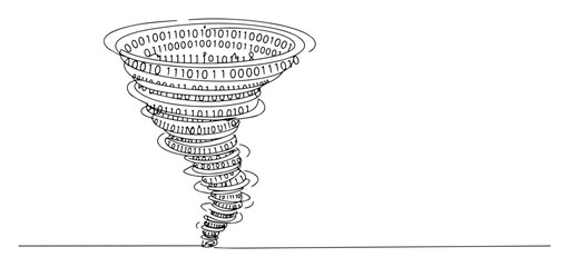 binary code tornado forming digital vortex, abstract black and white vector symbolizing data overload and AI