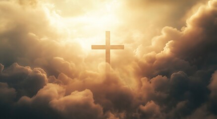Christian cross emerging from glowing clouds with ethereal light, representing divine hope and holy ascension.