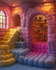 Playful, colorful kids' play area resembling a whimsical castle.  Soft, padded structures, climbing walls, and a slide create a vibrant, imaginative space