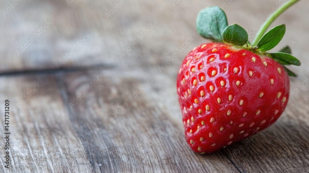 Poster a single, ripe strawberry rests on a rustic wooden surface, its vibrant red color contrasting beauti