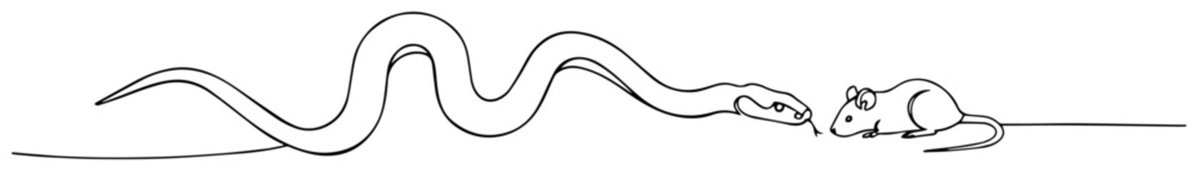 black and white vector of snake approaching a mouse, drawn in continuous line style, symbolic predator prey scene
