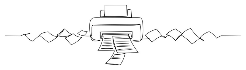 continuous line drawing of a printer with printed documents, black and white minimalist vector