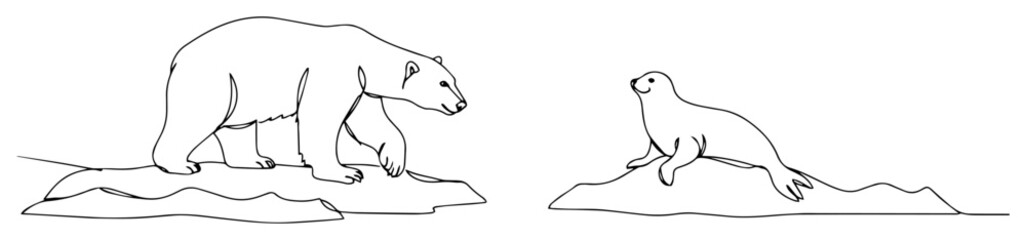 polar bear and seal vector illustration in one line style, black and white arctic wildlife drawing
