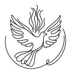 minimal line vector of a dove with fire-like wings, symbolizing peace and spiritual power