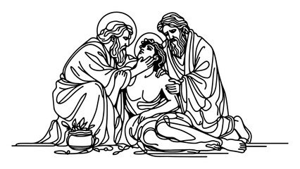 detailed black and white vector engraving of biblical men nursing an injured person, charity and compassion concept for religious prints or teaching