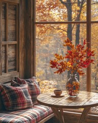 Cozy autumnal cabin nook with fall foliage view