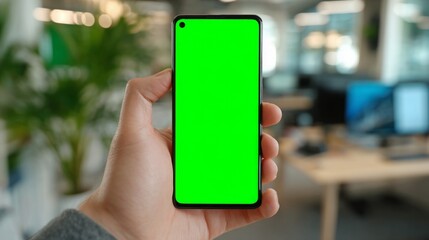 Man holds smartphone with green screen in modern office background