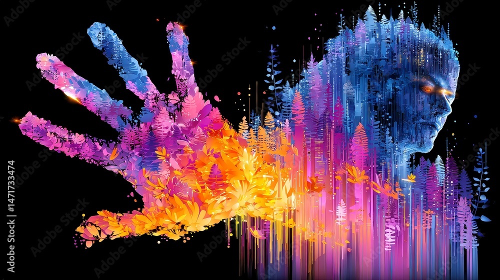Poster digital metamorphosis, an artistic representation of a handprint evolving into a complex digital ide