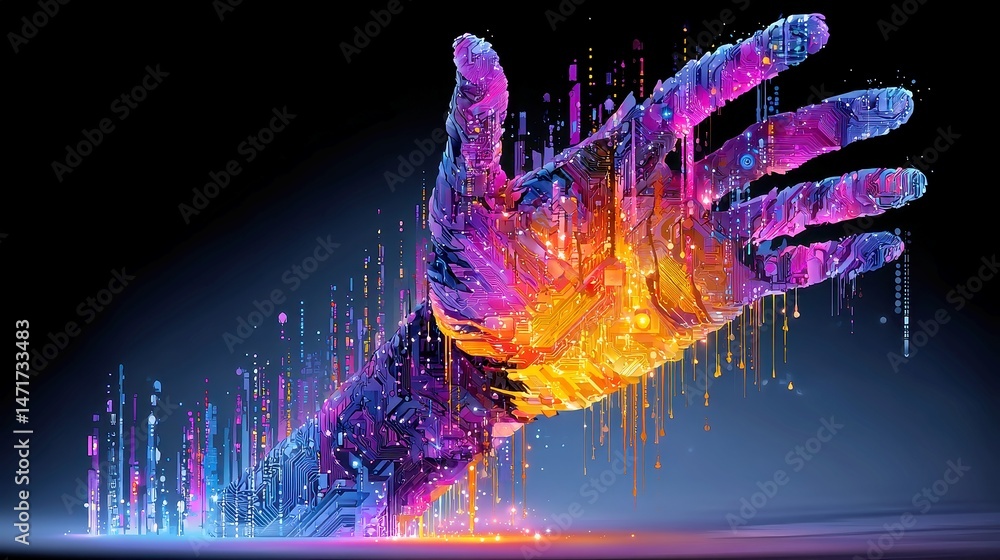 Poster digital transformation of identity, a visual exploration of a handprint morphing into a complex digi